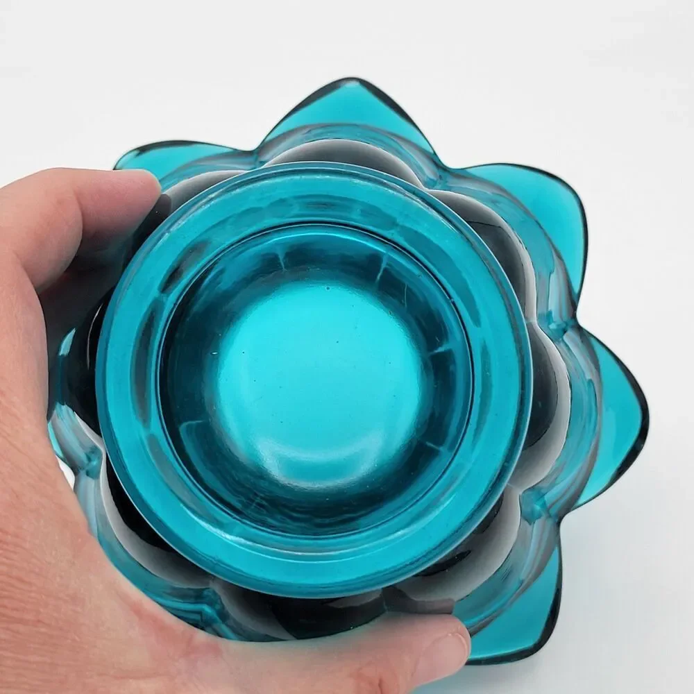 Stunning & Rare Viking Teal Blue Art Glass Lotus Bowl / Candle Holder
